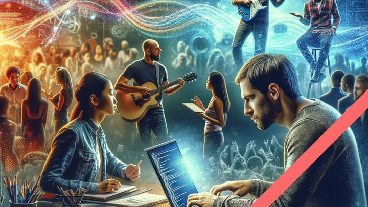 Image showing an AI-generated version of our technical co-founder coding, surrounded by scenes from live music concerts.